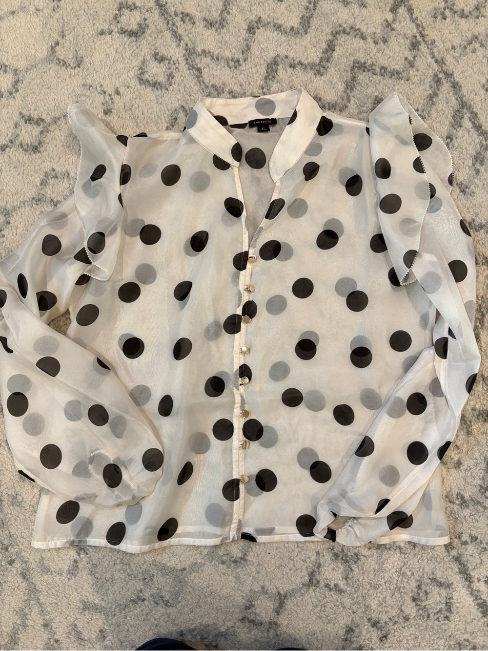 Ann Taylor White Sheer Blouse with Black Polka Dots